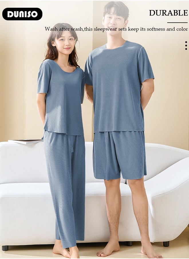 DUNISO Men's Pajamas Set Short Sleeve Summer Relaxed Pajamas Round Neck High Elastic Breathable Thin Pajamas Set  - Image 5