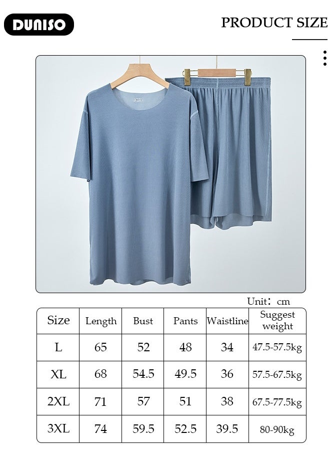 DUNISO Men's Pajamas Set Short Sleeve Summer Relaxed Pajamas Round Neck High Elastic Breathable Thin Pajamas Set  - Image 2