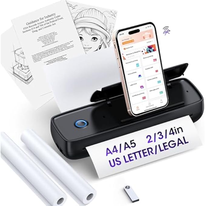 INKLESS PORTABLE PRINTER WIRELESS FOR TRAVEL - HIGH RESOLUTION, 3800MAH BATTERY, THERMAL MINI FOR A4/A5/US LETTER, BLUETOOTH & USB, LIGHTWEIGHT WIRELESS PRINTER FOR HOME/OFFICE - Image 1