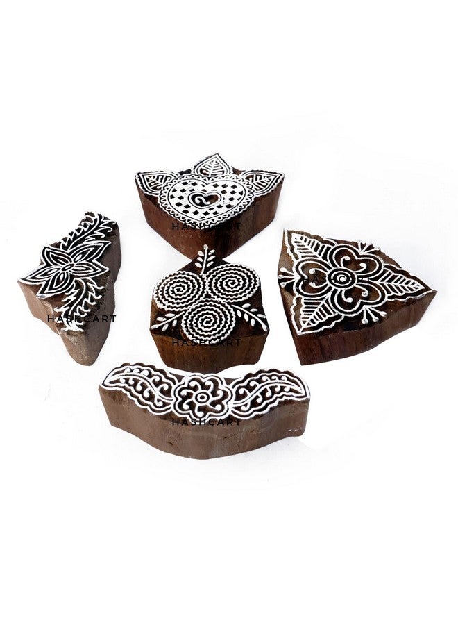 Hashcart | Set Of 5 | Handicraft Floral Stamp Wooden Printing Blocks Art Craft Fabric Print Designs Supplies Hand Carved Art Work, Kids Project - Image 1