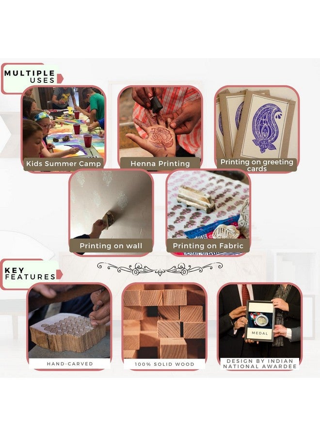 Hashcart | Set Of 5 | Handicraft Floral Stamp Wooden Printing Blocks Art Craft Fabric Print Designs Supplies Hand Carved Art Work, Kids Project - Image 4