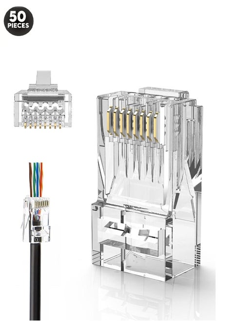 Cable Creation RJ45 Pass Through Connectors Cat6 Gold Plated Modular Plug Unshielded Crimp Connector for Solid or Stranded UTP Ethernet Cable 50 Pcs