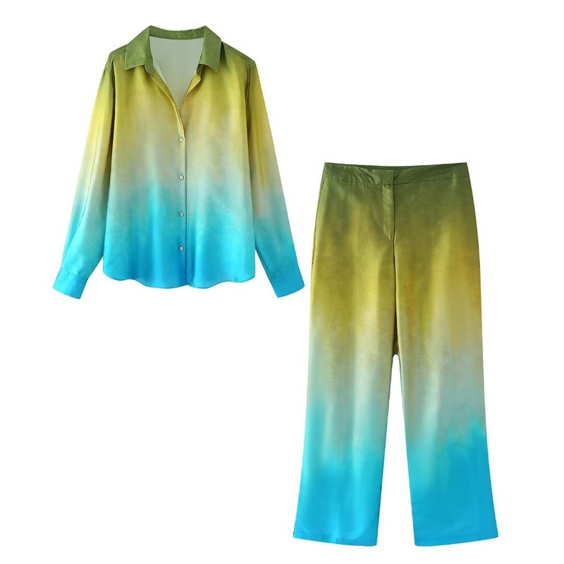 Cross-border new 2024 new European and American style womens foreign trade wholesale ZRA in stock tie-dye silk satin texture shirt set color suit - Image 1