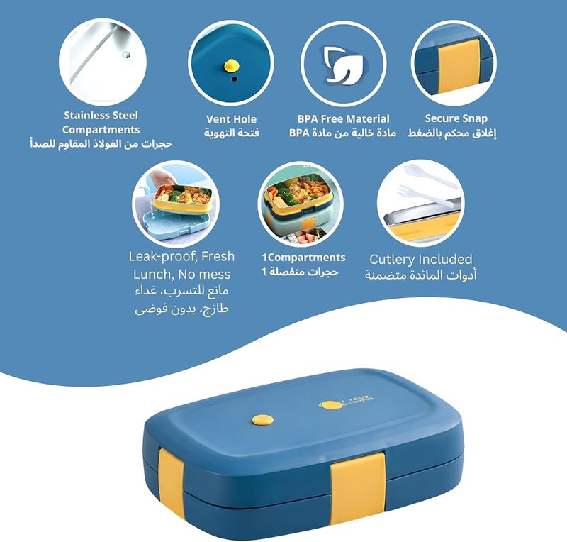 BrainGiggles CRAVISTA Stainless Steel Bento Box for Kids and Adults – 1000ML Leakproof Bento Lunch Box with Cutlery Set – BPA Free Lunchbox Tiffin for Office and School (Blue) - Image 2