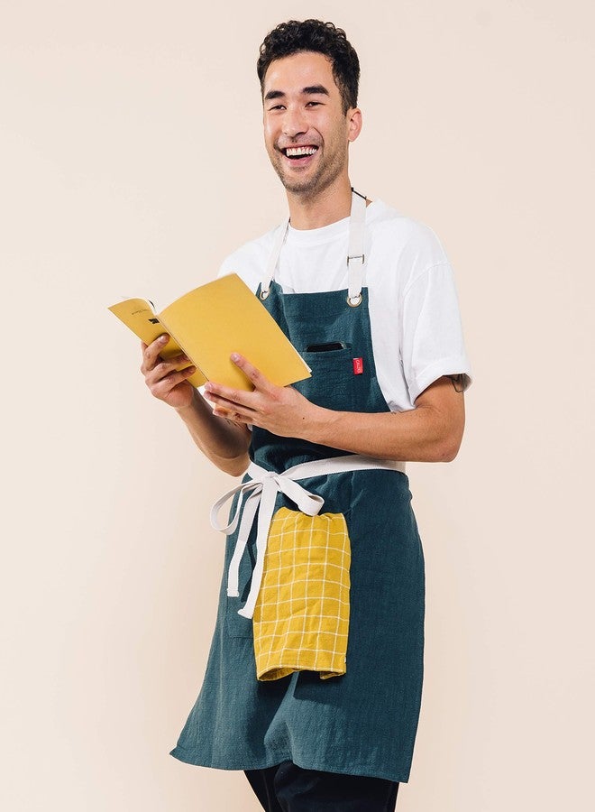 Caldo Linen Kitchen Apron - Mens and Womens Linen Bib Apron - Adjustable with Pockets (Spruce) - Image 4