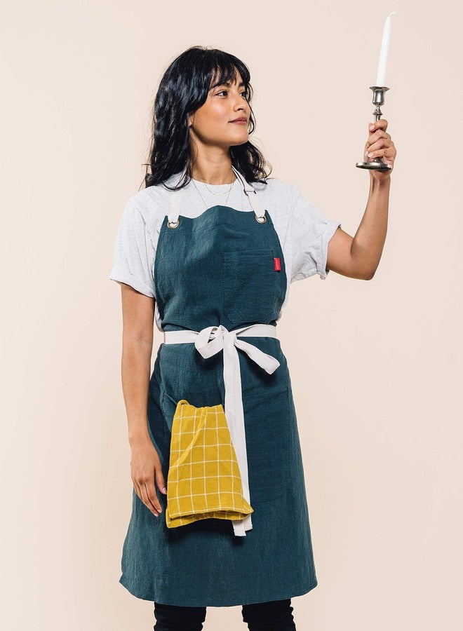Caldo Linen Kitchen Apron - Mens and Womens Linen Bib Apron - Adjustable with Pockets (Spruce) - Image 5