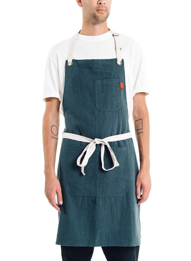 Caldo Linen Kitchen Apron - Mens and Womens Linen Bib Apron - Adjustable with Pockets (Spruce) - Image 3
