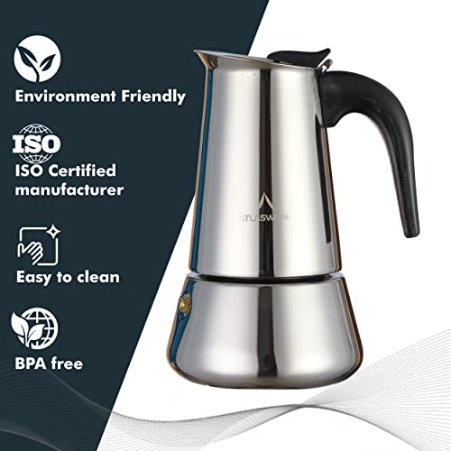Atlasware Stainless Steel Coffee Maker | Filter Coffee Black Tea Pot Compatible with Induction, Gas Stove | Durable Compact BPA Free Espresso Percolator for Home, Kitchen and Travel (Silver, 6 Cup) - Image 5