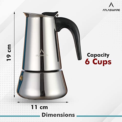 Atlasware Stainless Steel Coffee Maker | Filter Coffee Black Tea Pot Compatible with Induction, Gas Stove | Durable Compact BPA Free Espresso Percolator for Home, Kitchen and Travel (Silver, 6 Cup) - Image 3