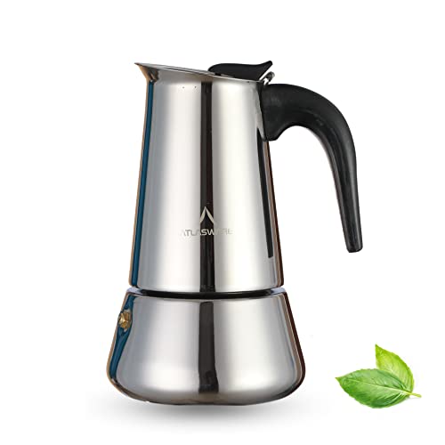 Atlasware Stainless Steel Coffee Maker | Filter Coffee Black Tea Pot Compatible with Induction, Gas Stove | Durable Compact BPA Free Espresso Percolator for Home, Kitchen and Travel (Silver, 6 Cup) - Image 1