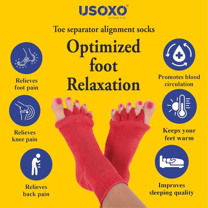 USOXO Foot Alignment Socks I Cotton Finger Toe Separator I Easing Bunion Hammertoe and Arthritis Pain Relief I Improving Posture & Increasing Flexibility I Free Size for Men & Women (Maroon) - Image 5