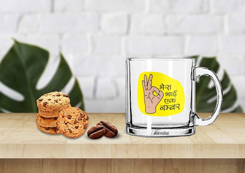 TONKWALAS Mera Bhai Ek Number Printed Transparent Glass Coffee and Tea Mug Gift for Brother (325 ML) - Image 2