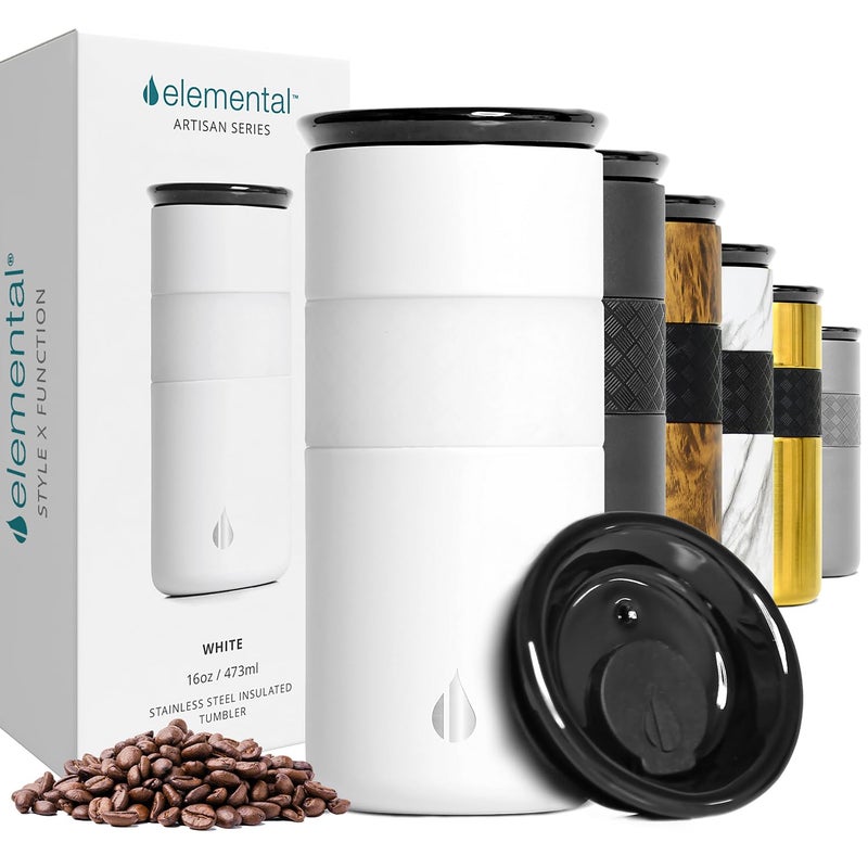 كوب سفر معزول ثلاثي الجدران من إليمينتال آرتيزان - كوب قهوة قابل لإعادة الاستخدام من الفولاذ المقاوم للصدأ مع غطاء سيراميك - أكواب قهوة حرارية للحفاظ على الحرارة لمدة 6 ساعات والبرودة لمدة 18 ساعة - 16 أونصة - أبيض غير لامع