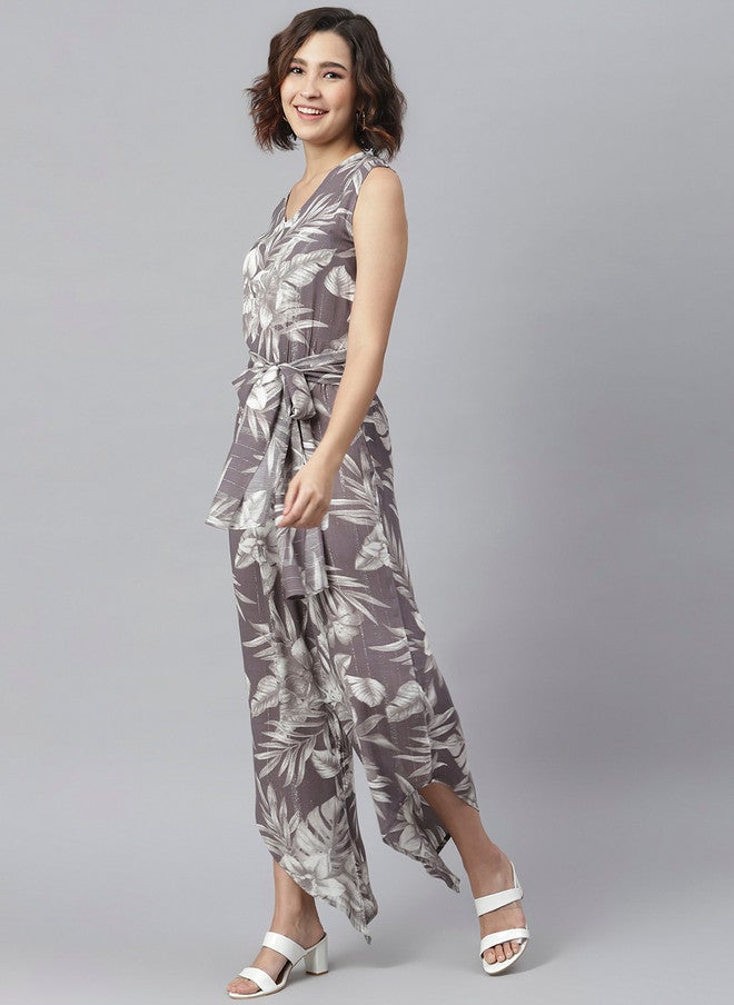StyleStone Women Grey & Off-White Printed Culotte Jumpsuit with Waist Tie-Ups - Image 4