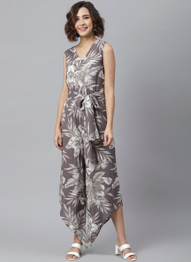 StyleStone Women Grey & Off-White Printed Culotte Jumpsuit with Waist Tie-Ups - Image 1