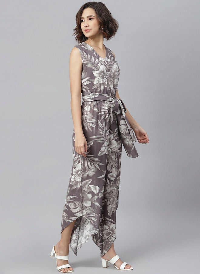 StyleStone Women Grey & Off-White Printed Culotte Jumpsuit with Waist Tie-Ups - Image 3