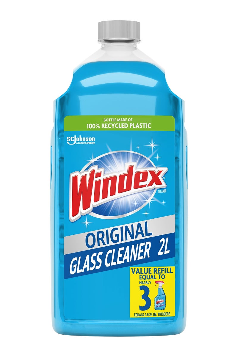 Windex Refill Glass and Window Cleaner Bottle, Bottle Made from 100% Recycled Plastic, Surface Cleaning Spray, Original Blue Scent, 2L (67.6 Fl Oz) - Image 1