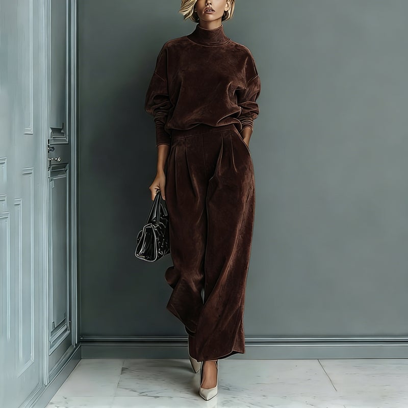 Women's Knit Long Sleeve Two-Piece Set with Wide Leg Pants - Image 2