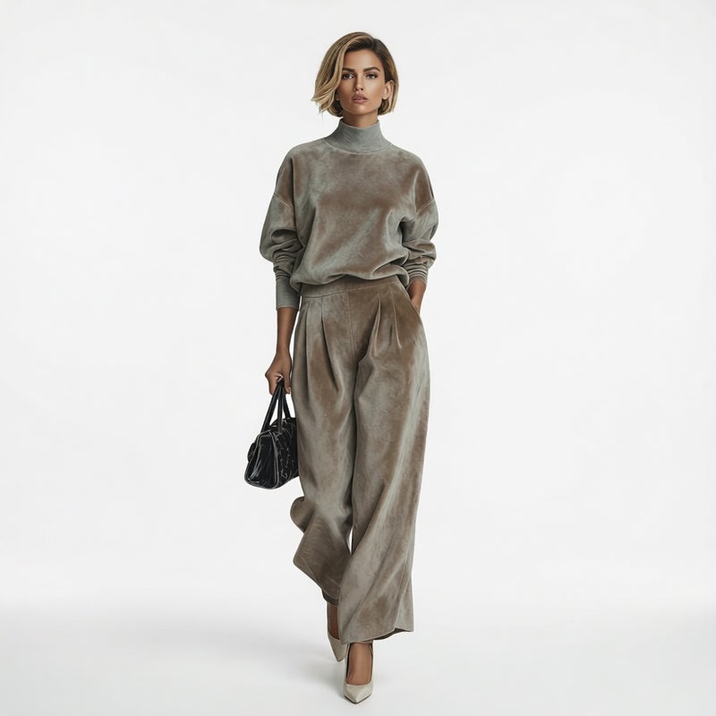 Women's Knit Long Sleeve Two-Piece Set with Wide Leg Pants - Image 1