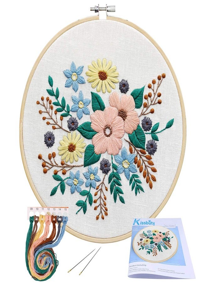 KISSBUTY Embroidery Starter Kit with Pattern, Stamped Embroidery Cloth, Bamboo Hoop, Color Threads Needle Kit (Floral) - Image 1