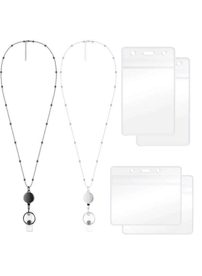 Retractable Badge Reel Lanyard Badge Lanyard Stainless Steel Water Resistant Beaded Chain Lanyard，2 Set - Image 1