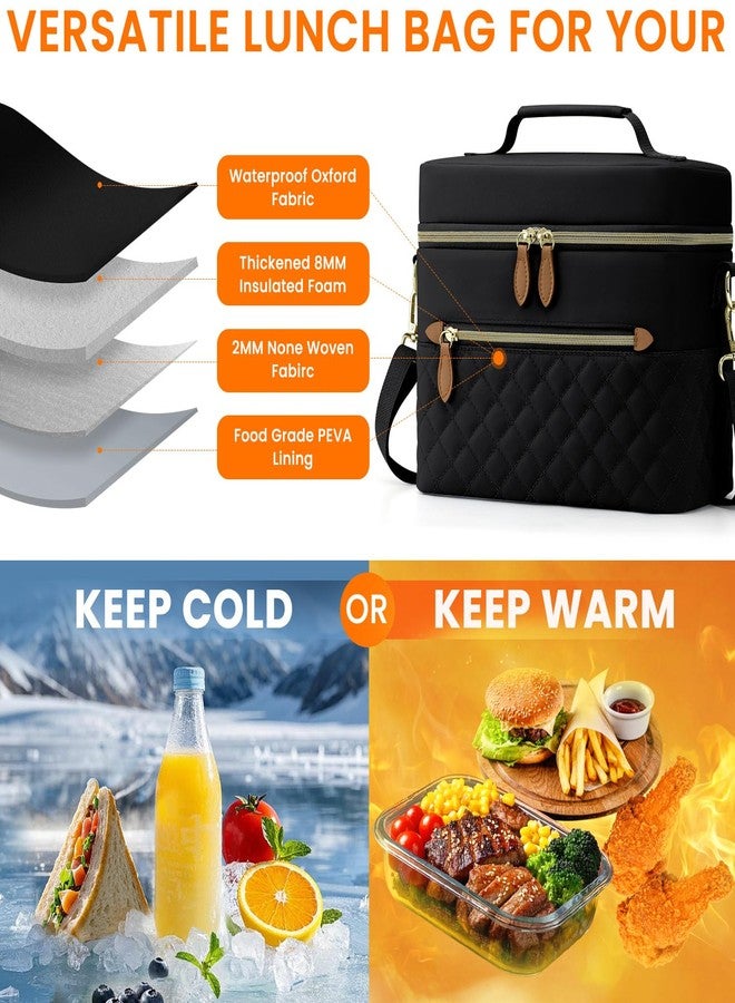 Tenot Insulated Lunch Box for Women Reusable, Leak Proof Cooler Lunch Bag Women for Work Stylish Quilted Lunch Tote Bag for Adult Picnic Travel Hiking Black - Image 3