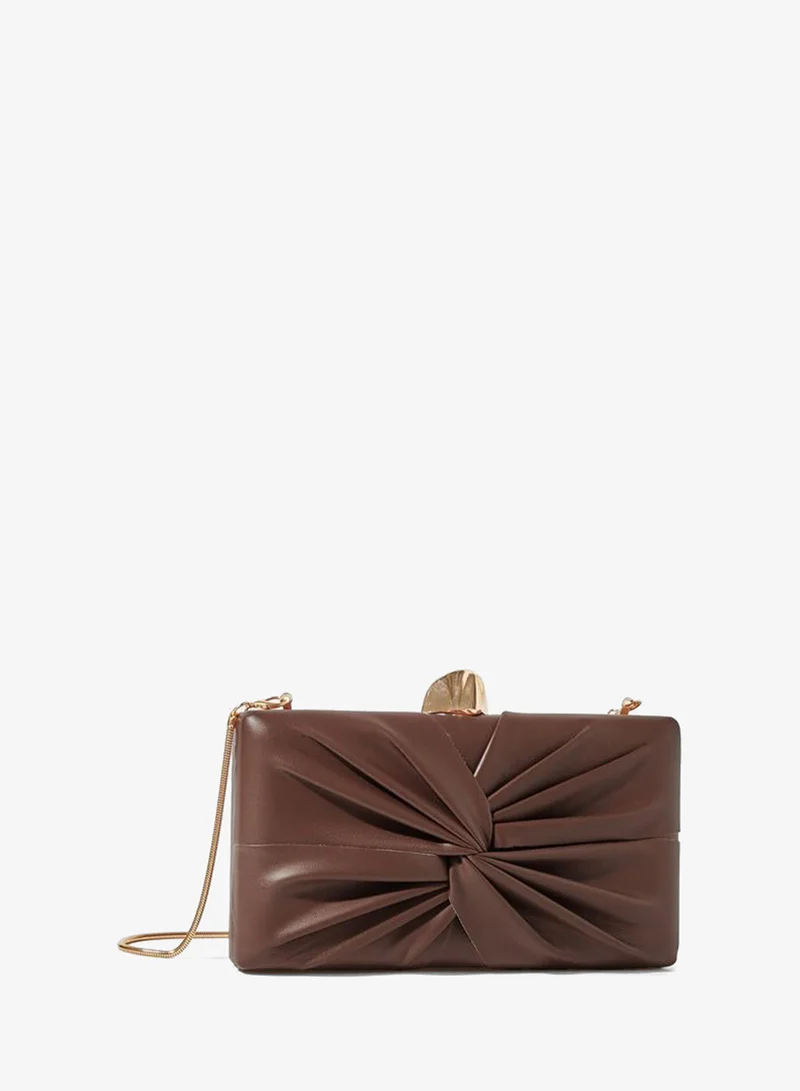 Brown Ruched Hardcase Clutch with Chain Strap