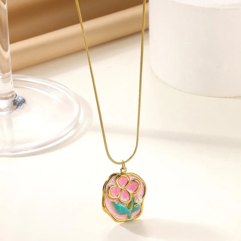 Golden Colorful Stainless Steel Flower Pendant Necklace