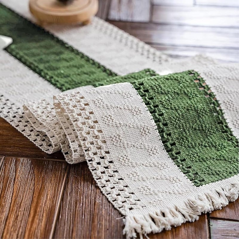 Alynsehom Macrame Table Runner Cream Beige and Green Boho Table Runners with Tassels Hand Woven Cotton Table Runner Rustic Farmhouse Table Runners for Bohemian Kitchen Dining Table(12x95in) - Image 1