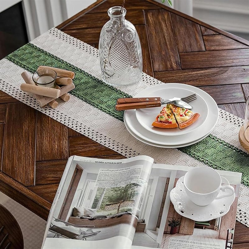 Alynsehom Macrame Table Runner Cream Beige and Green Boho Table Runners with Tassels Hand Woven Cotton Table Runner Rustic Farmhouse Table Runners for Bohemian Kitchen Dining Table(12x95in) - Image 2