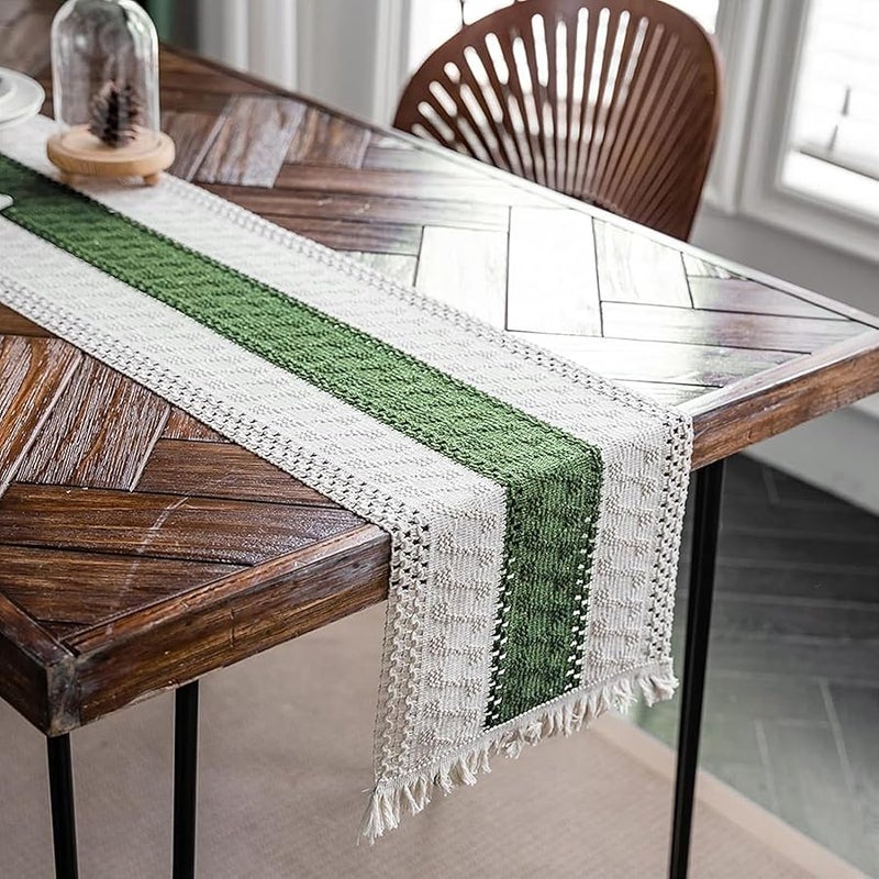Alynsehom Macrame Table Runner Cream Beige and Green Boho Table Runners with Tassels Hand Woven Cotton Table Runner Rustic Farmhouse Table Runners for Bohemian Kitchen Dining Table(12x95in) - Image 3