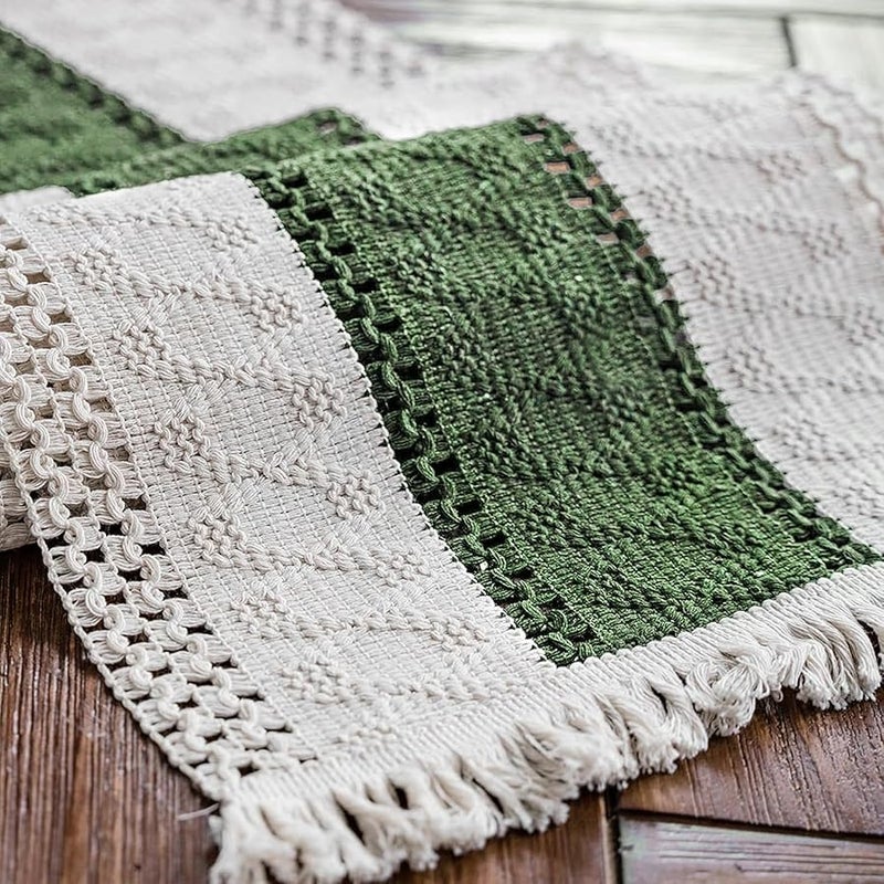 Alynsehom Macrame Table Runner Cream Beige and Green Boho Table Runners with Tassels Hand Woven Cotton Table Runner Rustic Farmhouse Table Runners for Bohemian Kitchen Dining Table(12x95in) - Image 5
