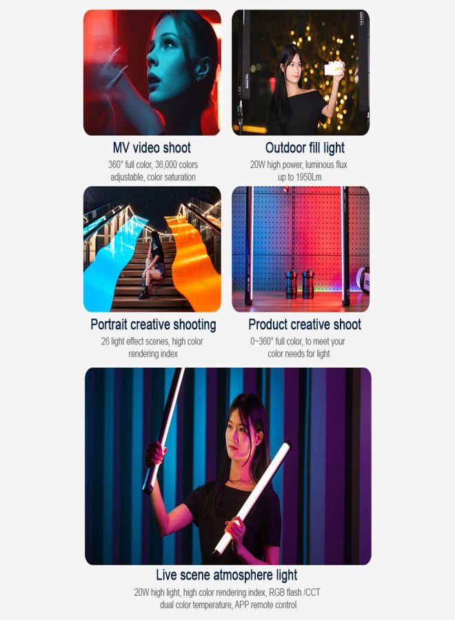 فيلتروكس مصباح VILTROX K60 LED ثنائي اللون بقوة 20 واط RGB، أنبوب إضاءة محمول، عصا إضاءة قابلة للتعتيم من 2500 كلفن إلى 8500 كلفن، مؤشر اتساق الإضاءة ≥97، مؤشر تجسيد اللون ≥95، مع 26 تأثيرًا ضوئيًا خاصًا، شاشة OLED، يدعم التحكم عن بُعد اللاسلكي. - Image 4
