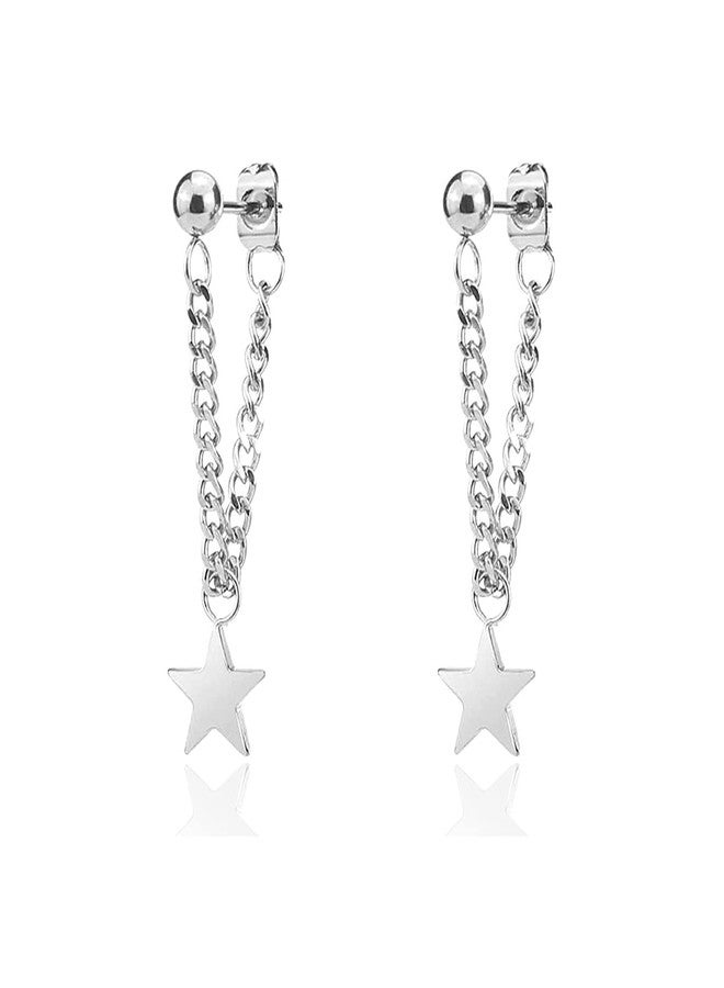 Fusamk Punk Rock Stainless Steel Star Stud Earrings Chain Dangling Drop Earrings - Image 1