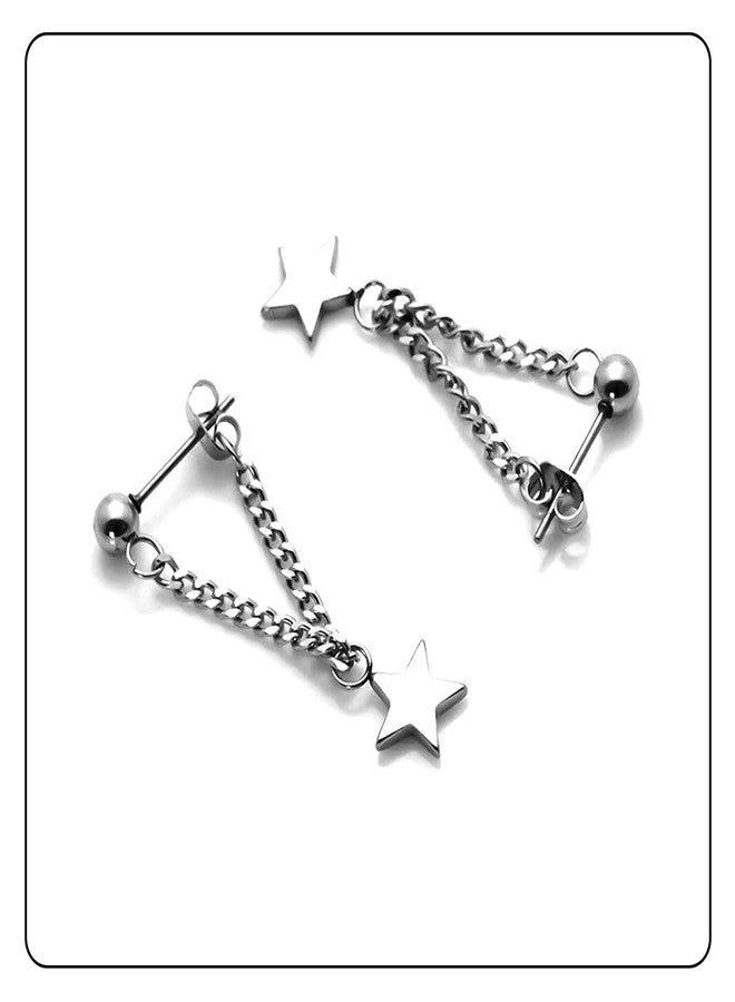 Fusamk Punk Rock Stainless Steel Star Stud Earrings Chain Dangling Drop Earrings - Image 5