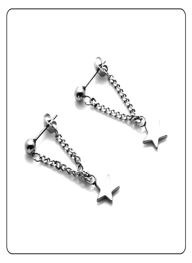 Fusamk Punk Rock Stainless Steel Star Stud Earrings Chain Dangling Drop Earrings - Image 3