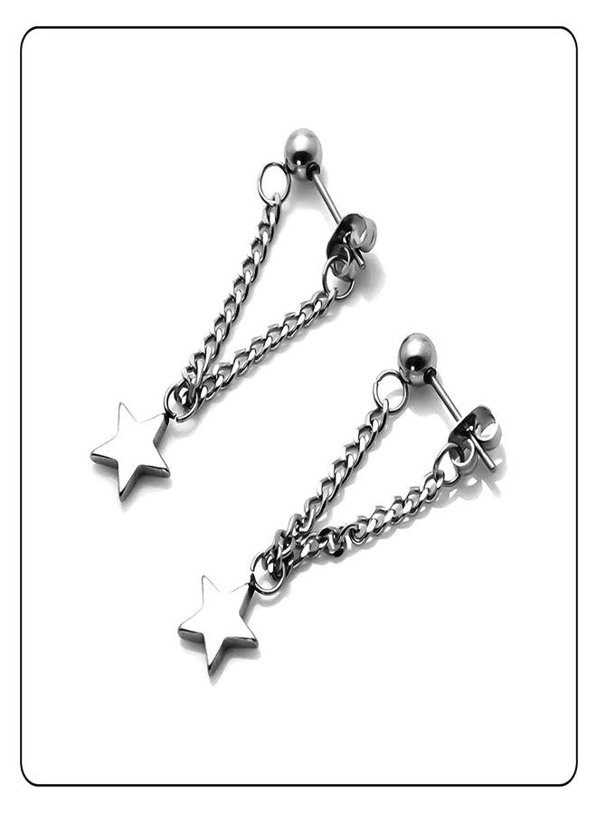 Fusamk Punk Rock Stainless Steel Star Stud Earrings Chain Dangling Drop Earrings - Image 4
