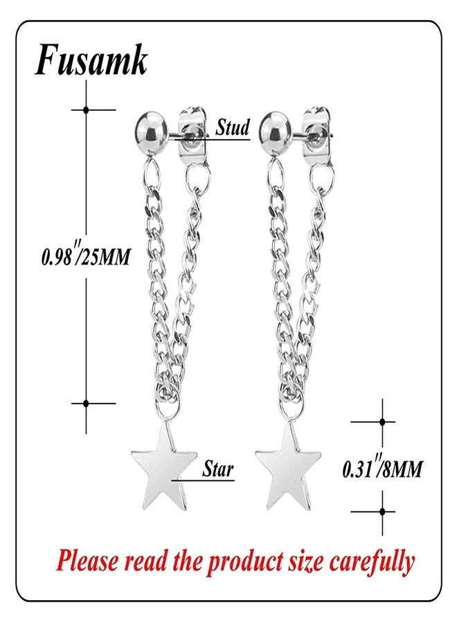 Fusamk Punk Rock Stainless Steel Star Stud Earrings Chain Dangling Drop Earrings - Image 2