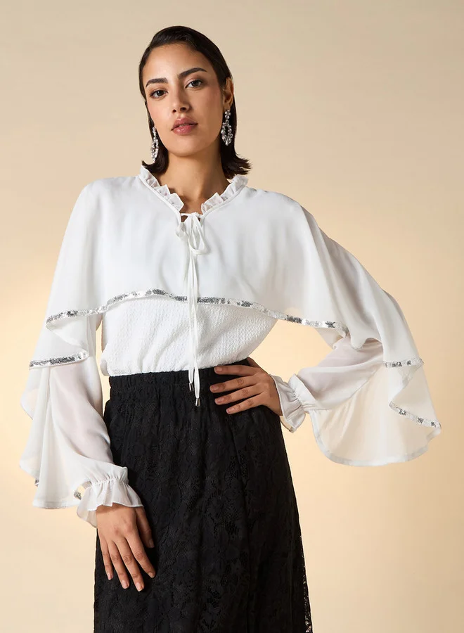 2Xtremz 2Xtremz Textured Cape Top with Tie-Up Detail and Long Sleeves