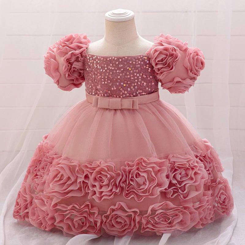 Cross-border New Girls Dress Decal Princess Dress One-year-old Dress Flower Girl Dress Bubble Sleeve Rose dress L2283XZ-bean paste powder