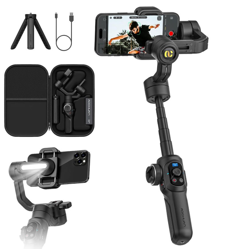 AOCHUAN Professional Gimbal Stabilizer for Smartphone,Built-in 18CM Extension Rod and Powerful fill Light,360°Inception,Face&Object Tracking Stabilizer,3-Axis Gimbal for iPhone& Android- Smart S2 - Image 1