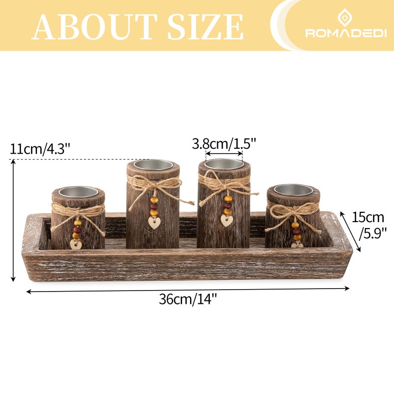 Romadedi Farmhouse Coffee Table Decor Candle Holder - Romadedi Boho Wooden Tray with 4 Tealight Candles Holders for Tables Centerpiece Home Decorations Living Room Fireplace Kitchen - Image 4
