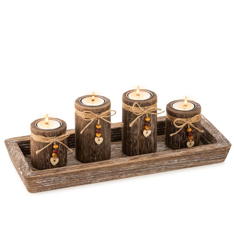 Romadedi Farmhouse Coffee Table Decor Candle Holder - Romadedi Boho Wooden Tray with 4 Tealight Candles Holders for Tables Centerpiece Home Decorations Living Room Fireplace Kitchen - Image 1