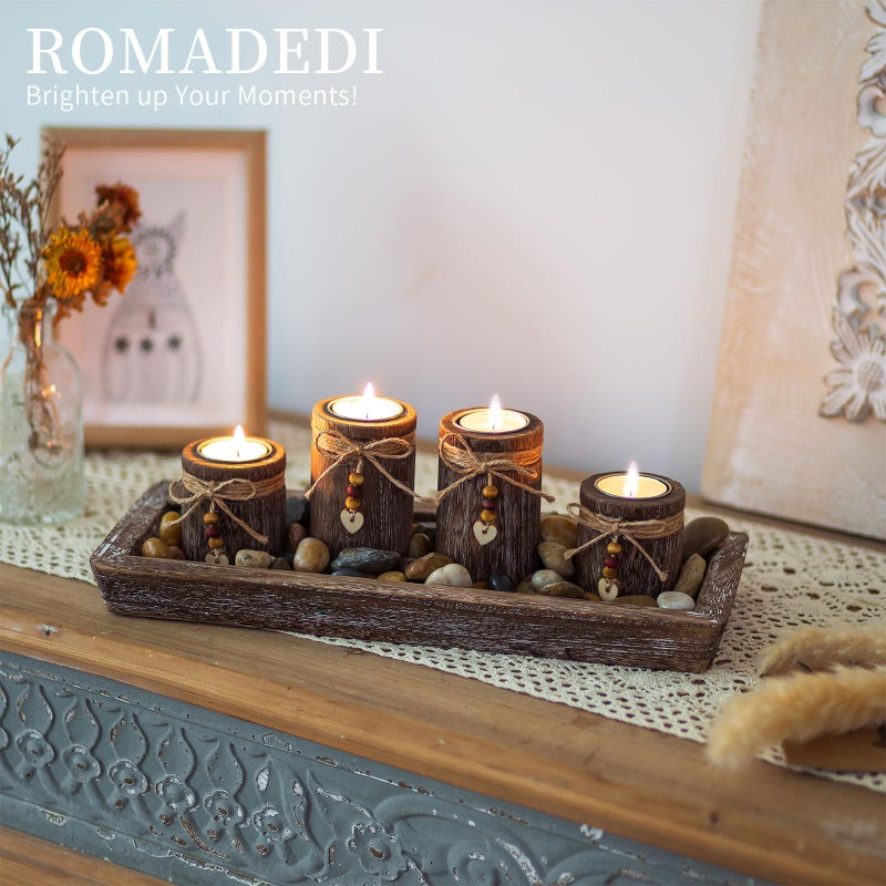 Romadedi Farmhouse Coffee Table Decor Candle Holder - Romadedi Boho Wooden Tray with 4 Tealight Candles Holders for Tables Centerpiece Home Decorations Living Room Fireplace Kitchen - Image 3