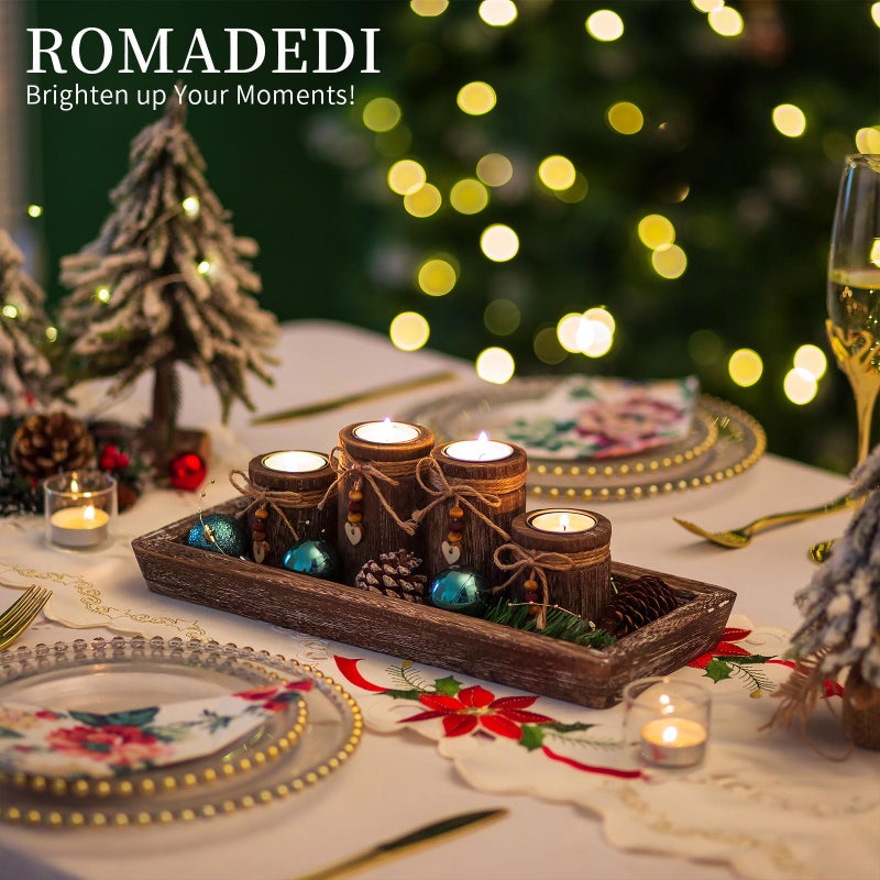 Romadedi Farmhouse Coffee Table Decor Candle Holder - Romadedi Boho Wooden Tray with 4 Tealight Candles Holders for Tables Centerpiece Home Decorations Living Room Fireplace Kitchen - Image 2