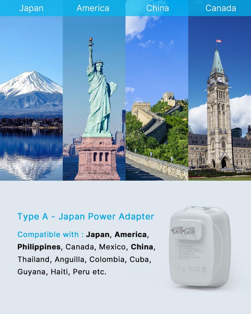 VINTAR US to Japan Plug Adapter, VINTAR Japan Travel Power Adapter with 2 AC Outlets, 3 USB and 1 USB C Ports, 2 Prong to 3 Prong Outlet Adapter for US to Japanese China Canada Philippines, Type A, 2 Pack - Image 2