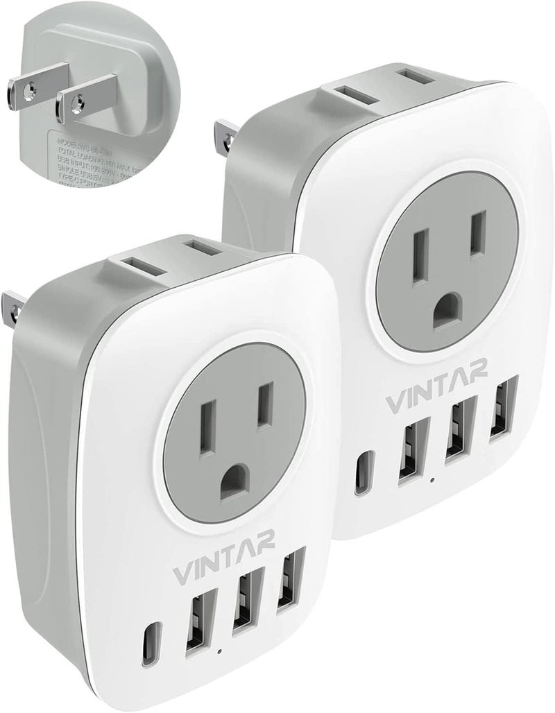 VINTAR US to Japan Plug Adapter, VINTAR Japan Travel Power Adapter with 2 AC Outlets, 3 USB and 1 USB C Ports, 2 Prong to 3 Prong Outlet Adapter for US to Japanese China Canada Philippines, Type A, 2 Pack - Image 1