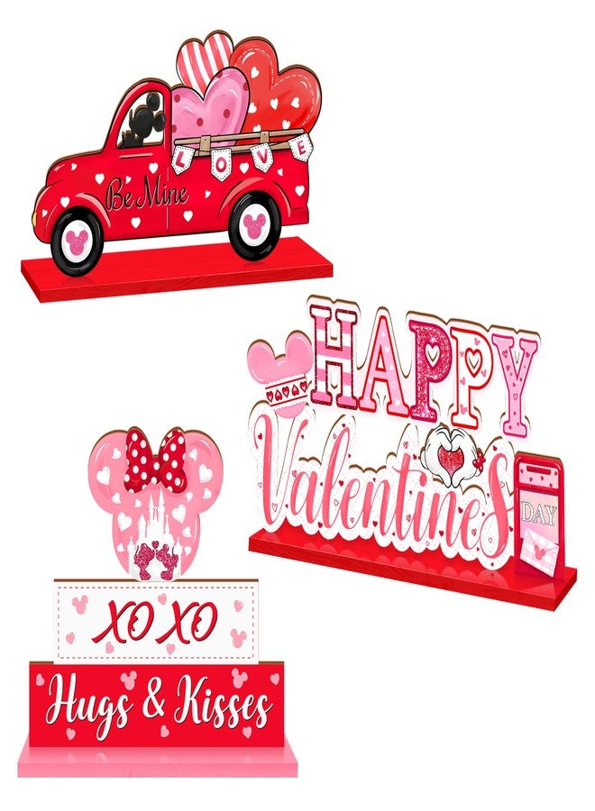 CIOEY 3Pcs Valentines Day Wooden Table Decorations, Mouse Shaped Be Mine Truck Sign, Happy Valentines Day Tabletop Centerpieces, Red Pink Love Hearts Decoration for Home, Party, Anniversary, Wedding - Image 1