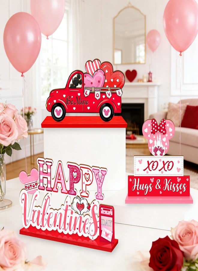 CIOEY 3Pcs Valentines Day Wooden Table Decorations, Mouse Shaped Be Mine Truck Sign, Happy Valentines Day Tabletop Centerpieces, Red Pink Love Hearts Decoration for Home, Party, Anniversary, Wedding - Image 4