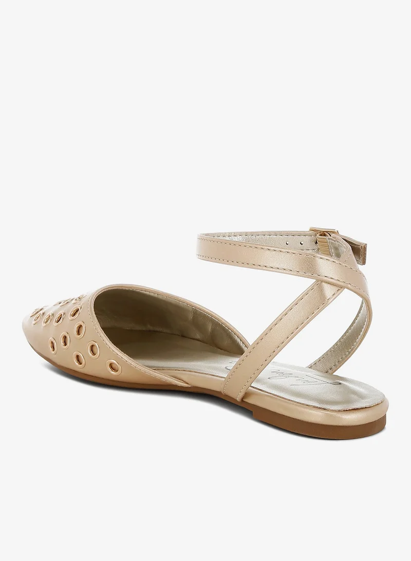 London Rag Metallic Eyelet Detail Flat Sandals in Gold